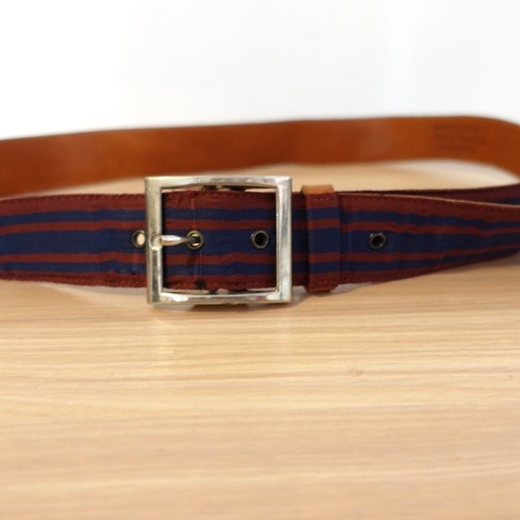 Belt Leather Buckle 36 Brown‎ Blue Red Striped Preppy Adult Fabric Nylon Classic - Picture 1 of 11